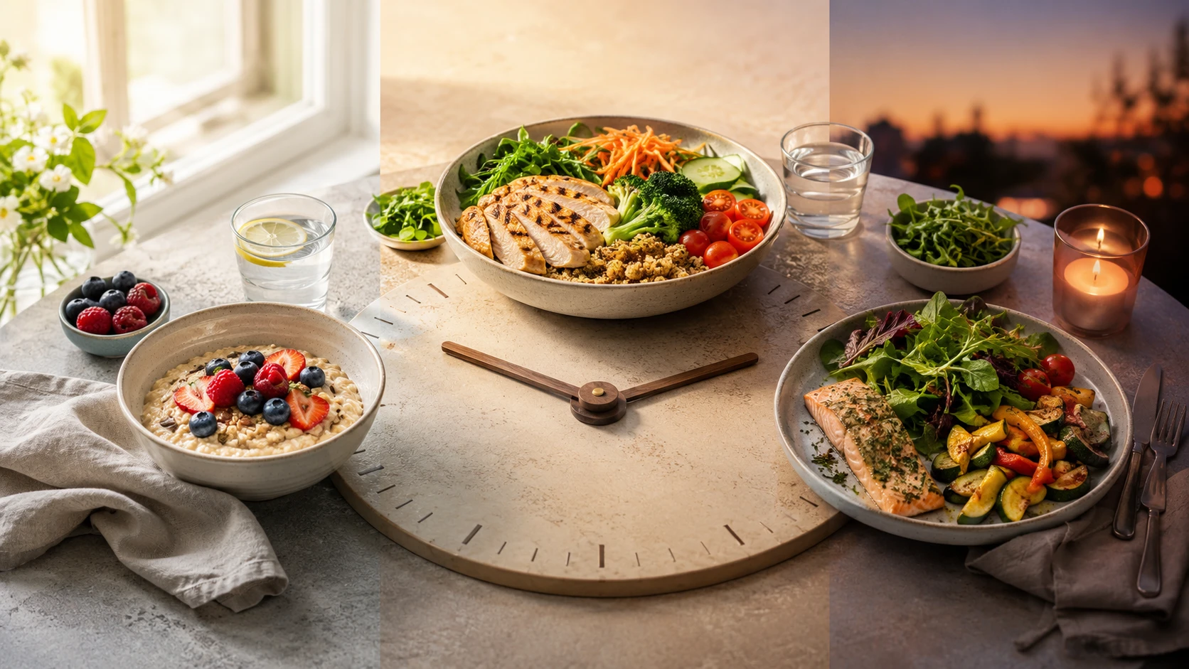 Mahlzeiten für Frühstück, Mittag und Abend um eine Uhr angeordnet